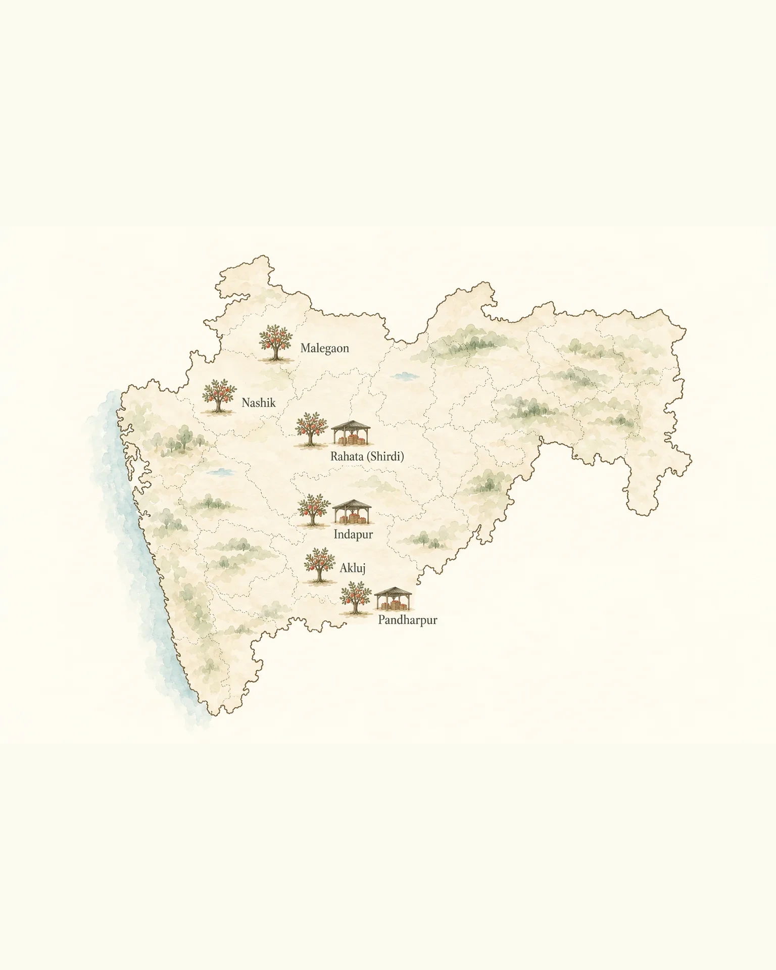 Map of Maharashtra showing HSC sourcing locations and mandi operations