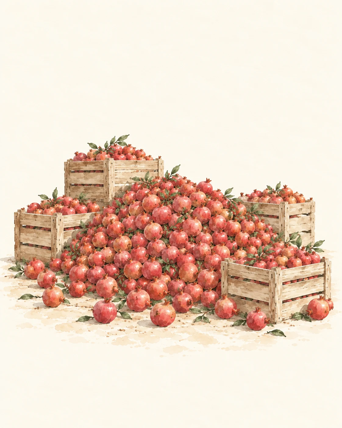Wooden crates overflowing with pomegranates ready for wholesale