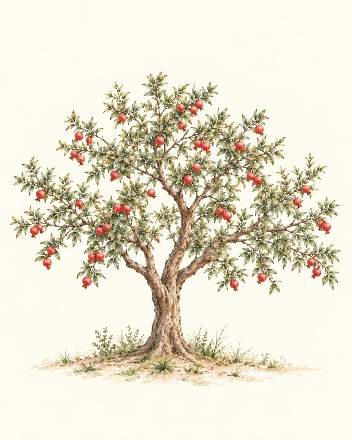 Illustration of a mature pomegranate tree bearing fruit